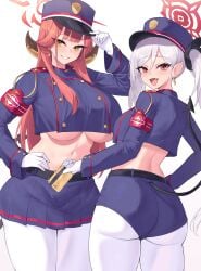  2girls aru_(blue_archive) ass blue_archive breast_size_difference breasts bubble_butt female halo hat height_difference high_resolution huge_breasts kuavera light-skinned_female light_skin long_hair medium_breasts mutsuki_(blue_archive) pink_hair red_eyes smile tail thick_thighs underboob white_hair yellow_eyes 