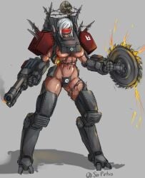  2d automaton belly_button blood breasts cyborg dark-skinned_female dark_skin english_text female female_focus female_only grey_background helldivers helldivers_2 large_breasts red_eyes robot robot_girl robot_humanoid sirpetus skull solo_female text thick_thighs toned_female underboob weapon white_hair 