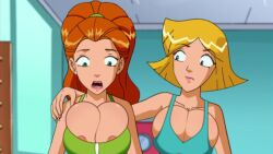  2d 2girls alternate_version_available big_breasts cleavage clover_(totally_spies) edit nipple_peek no_text_version sam_(totally_spies) screenshot_edit totally_spies 