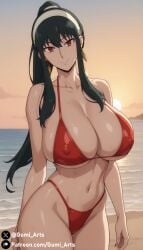  ai_generated bikini black_hair cleavage covered_nipples gumi_arts hairband huge_breasts looking_at_viewer navel ocean oiled outdoors ponytail red_eyes sand spy_x_family stable_diffusion yor_briar 