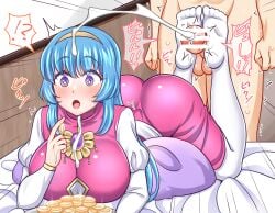  1boy 1girls ass bed blue_hair blush blush breasts censored coins counting counting_money cum cumshot dress ejaculation feet feet_up female footjob gem gold hairband indoors jewelry large_ass large_breasts long_hair lufia mabo-udon male money necklace oblivious on_stomach open_mouth pendant penis pillow projectile_cum puffly_sleeves purple_eyes sheets shock shocked shopkeeper soles stockings surprise surprised testicles tia trimmed_dress white_legwear 