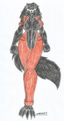  big_breasts big_hips black_fur black_hair black_nipples bodysuit exposed_breasts exposed_pussy exposed_torso furry looking_at_viewer mal0 marlon64 monster_girl open_bodysuit scp-1471 scp-1471-a scp_foundation traditional_drawing_(artwork) walking walking_in_on white_background 