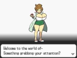  1girls accurate_art_style alternate_breast_size animated animated araragi_(pokemon) aurea_juniper big_breasts breasts brown_hair busty clothed earrings female game_freak green_eyes huge_breasts labcoat large_breasts light-skinned_female light_skin looking_at_viewer loop massive_breasts nintendo osterzonensfw pixel_art poke_ball pokemon pokemon_bw ponytail shoes skirt smile solo solo_female text text_box thighs 