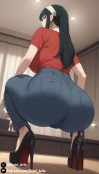  ai_generated ass ass_focus black_hair covered_pussy from_behind gumi_arts high_heels indoors jeans large_breasts looking_back platform_heels red_eyes smile spy_x_family stable_diffusion white_headband yor_briar yor_forger 