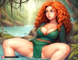  artist_name blue_eyes breasts cleavage clothing curly_hair day dress female female female_only freckles green_dress large_breasts lips long_hair long_sleeves looking_at_viewer merida merida_(disney) nature no_bra orange_hair outdoors pelvic_curtain plant red_hair rock sitting solo spread_legs sunlight thighs tree vines water wavy_hair 