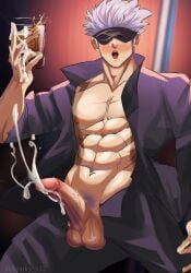  1boy bara cum ejaculation jujutsu_kaisen male male_nipples male_only muscular_male penis satoru_gojo solo solo_male sparky_h12 testicles 